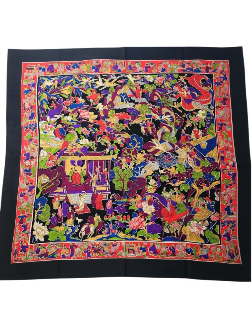 Vintage Chinoiserie Silk Scarf Black Red Dragon Garden Scene 33x33